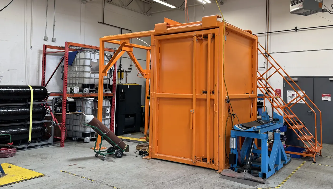 Pressure vessel retesting area at Steelhead Composites, where tanks and cylinders undergo inspection and recertification to meet strict safety and regulatory standards.